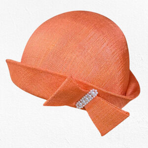 1920s Vintage Orange Cloche Hat Elegant Woven Pearl Bow Rolled Brim Veil Accent